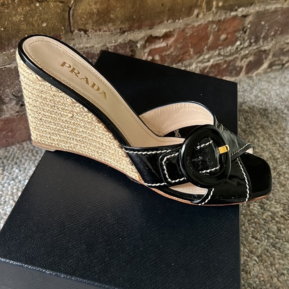 Prada Calzature Donna Black Patent Leather slide on espadrille Wedges - Picture 6 of 10